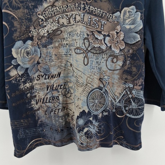 CJ Banks Plus Size X Embellished Graphic Top Bicycle Roses Rhinestones USA Made - Picture 4 of 12